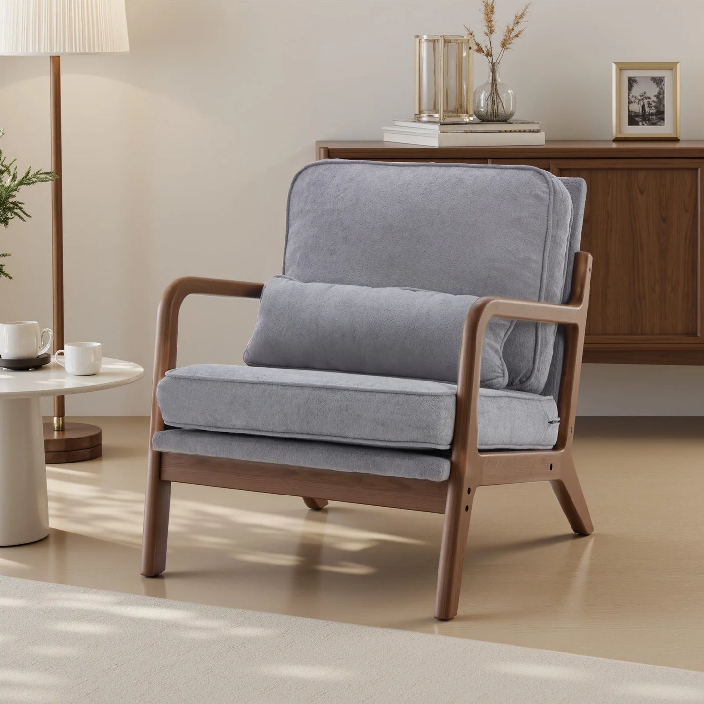 JHK Mid Century Modern Rubberwood Armchair With Durable HighDensityFoam Cushions