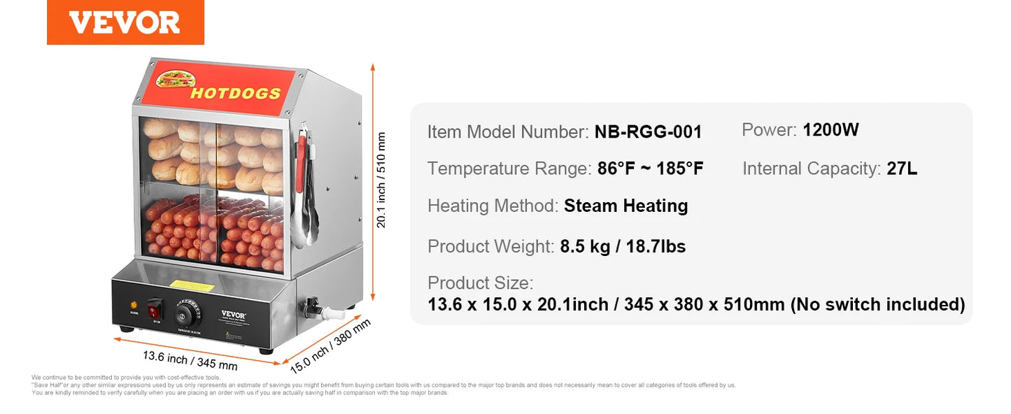 VEVOR Hot Dog Steamer With Temperature Control Bun Warmer
