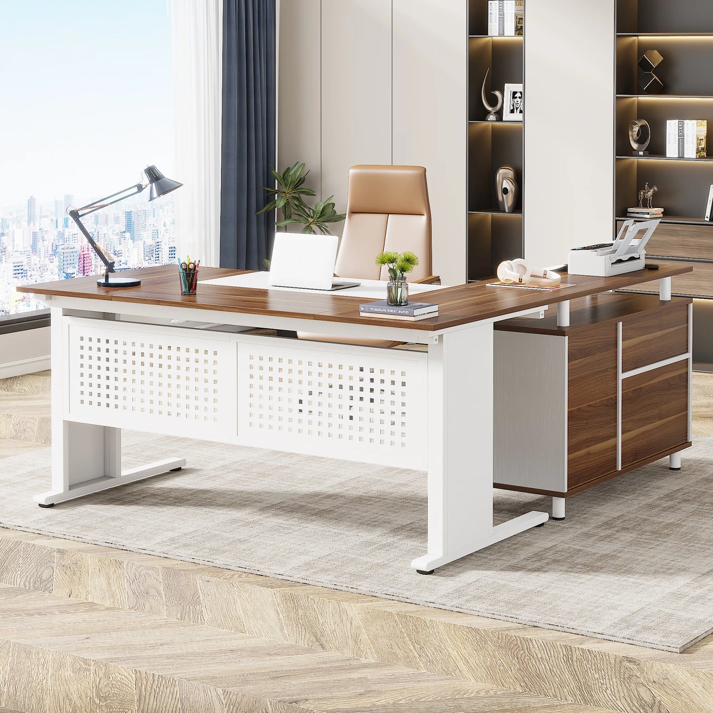 Tribesigns Executive Desk With File Cabinet And Storage Shelves