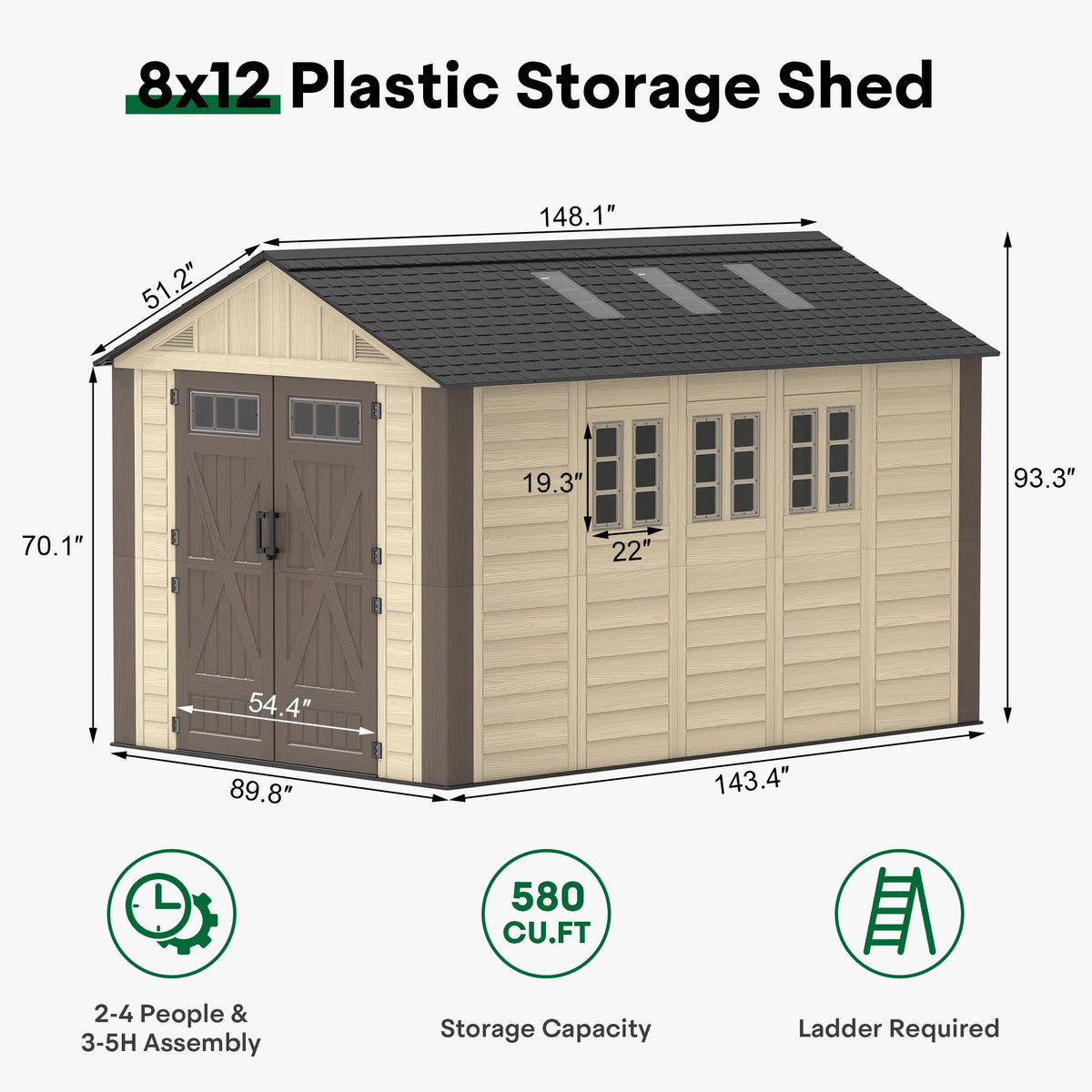 Evokeden Outdoor Plastic Storage Shed With Lockable Double Doors