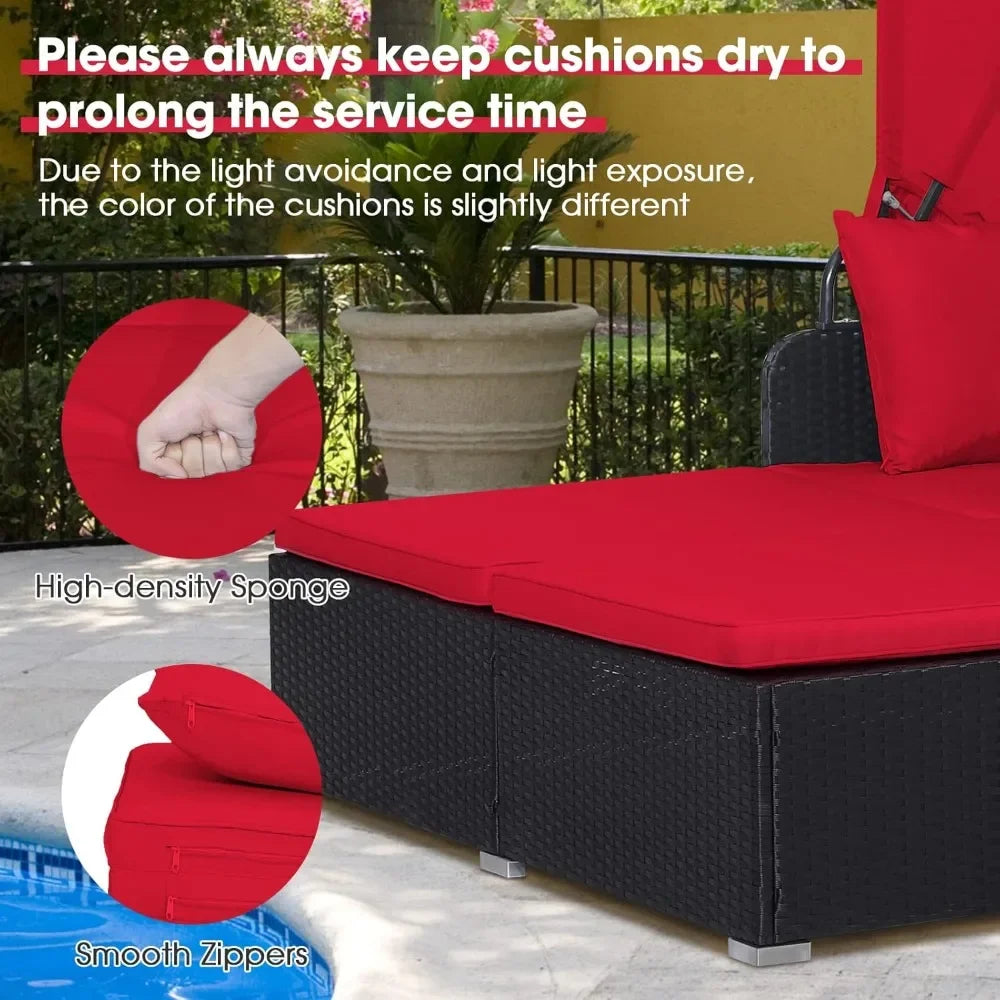Outdoor Daybed with Retractable Canopy, Wicker Cabana with 2 Side Tables & Soft Cushions, Patio Sectional Furniture Set