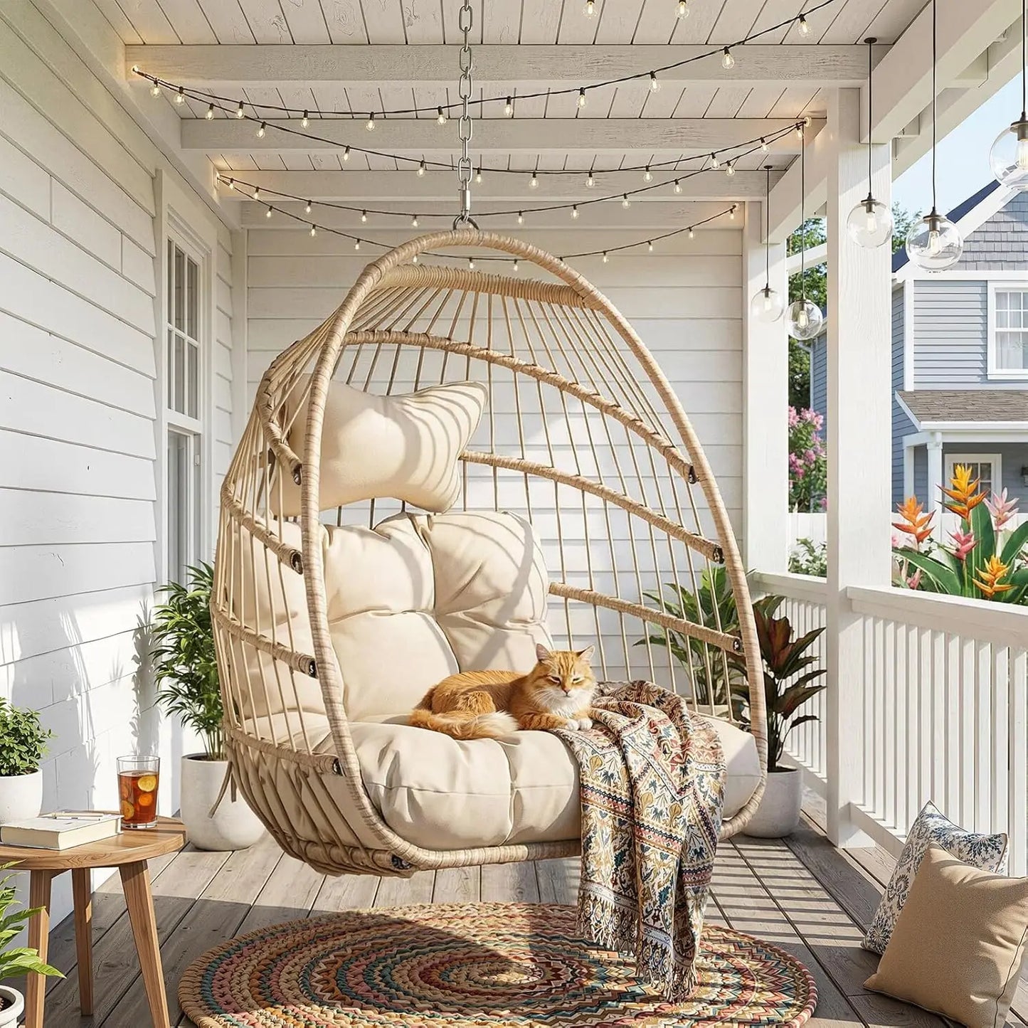 Outdoor Hanging Egg Chair Wicker Swing With Cushioned Seat