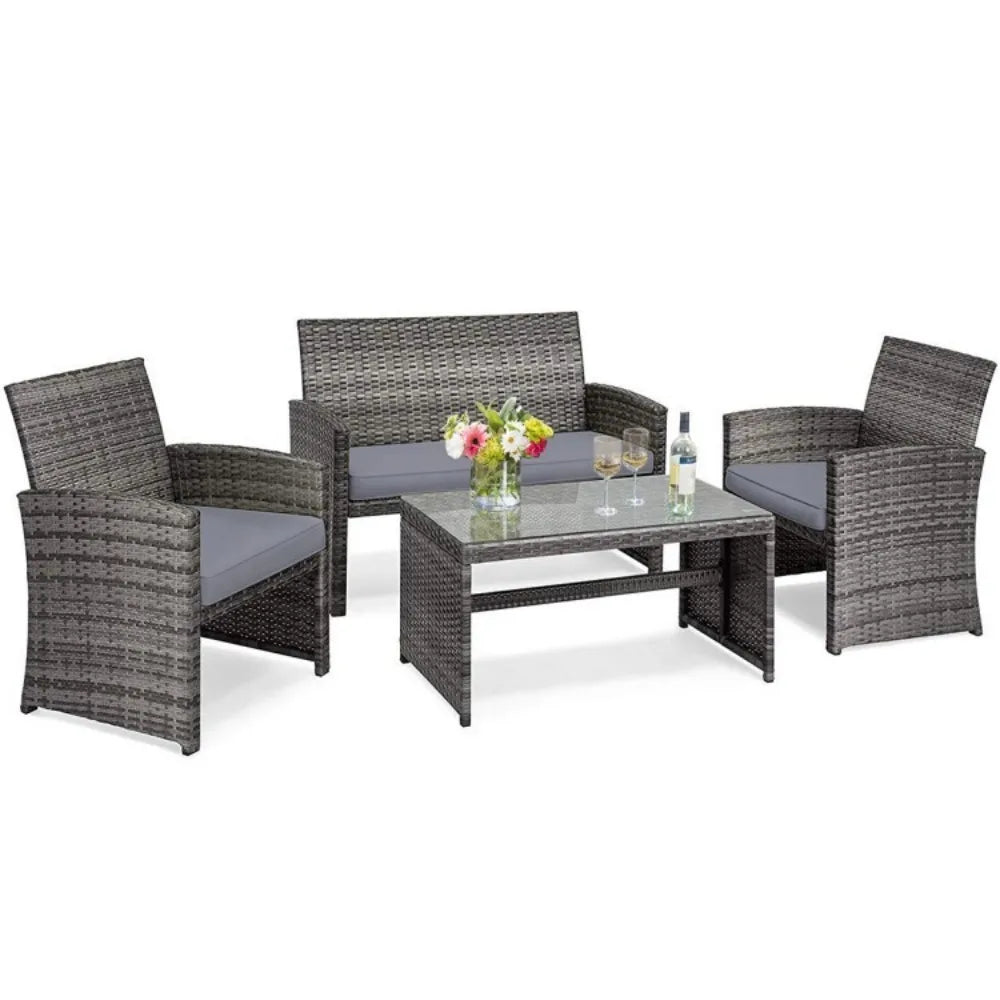 4PCS Patio Outdoor Conversation Furniture Rattan Set w/Glass Table and Loveseat
