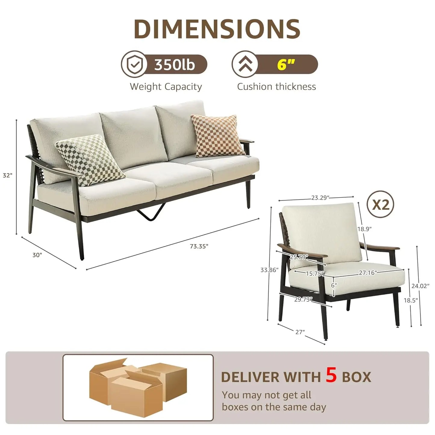 5 Pieces Patio Furniture Set, Outdoor Furniture Sofa Sectional Modern Metal Patio Conversation Set with High Back, Customized