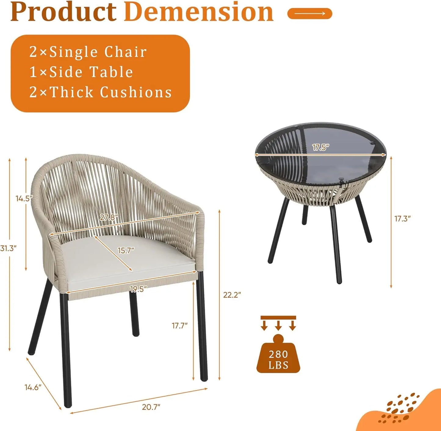 Patio Furniture Set 3 Piece Rope Woven Outdoor Bistro Set With Glass Table