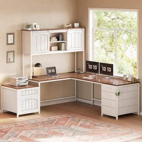 Farmhouse L Shaped Desk with 6 Drawers and Power Outlet