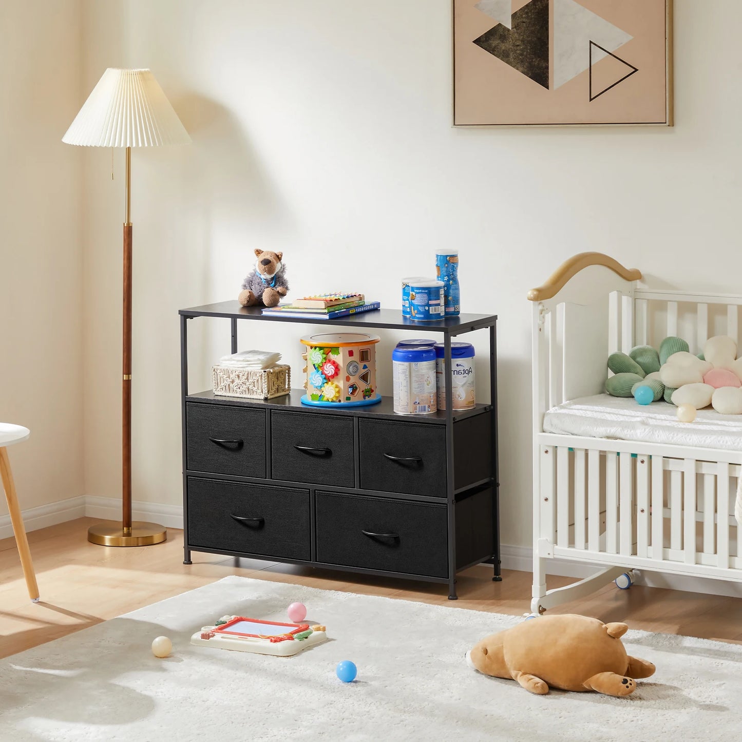 JHK Fireplace TV Stand Dresser With Five Fabric Drawers