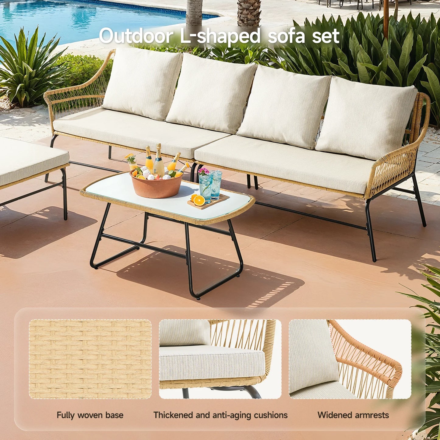 4-Piece Outdoor Sectional Set, Wicker Patio Couch Sets and Glass Coffee Table, L-Shaped Waterproof Olefin Fabric Outdoor Sofa