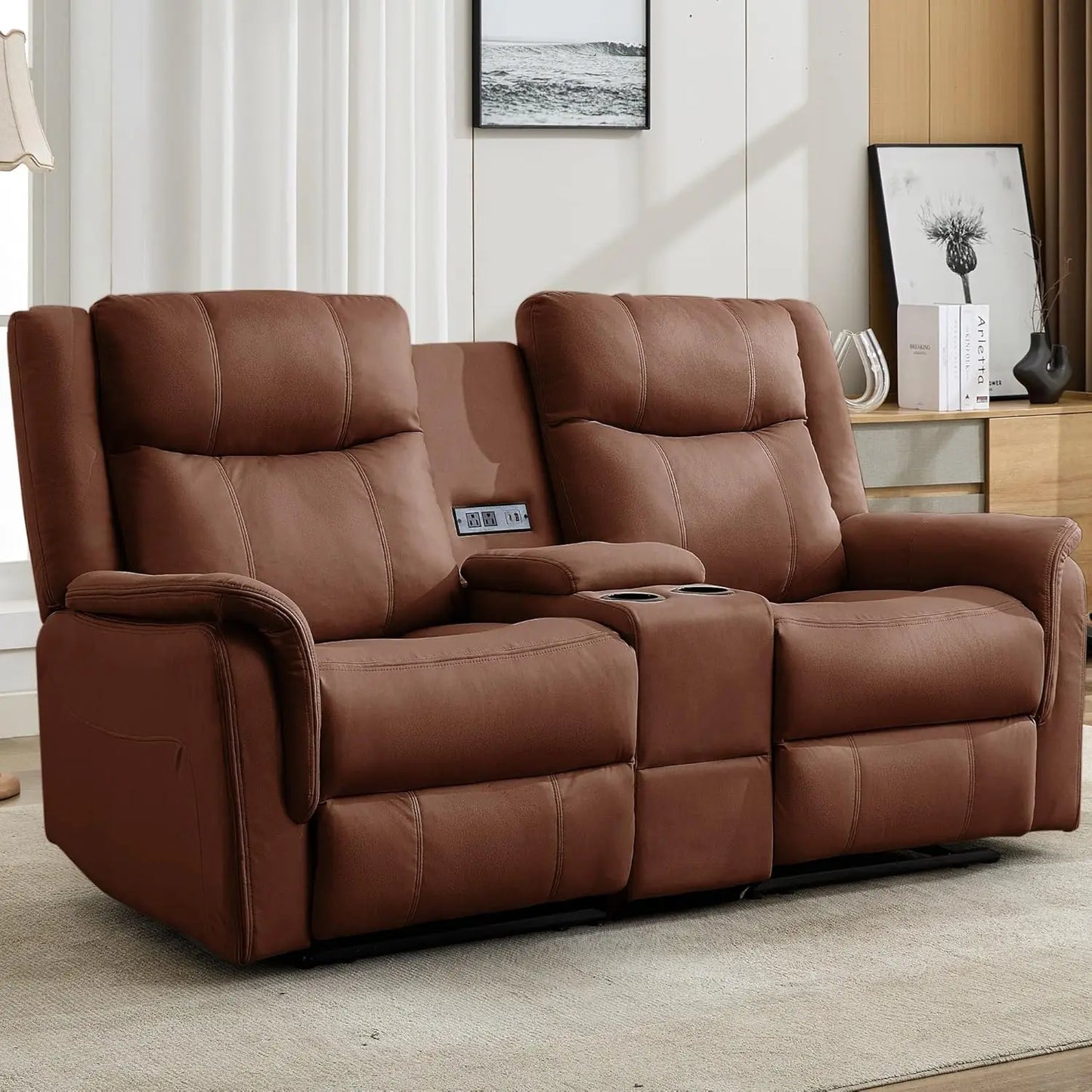 Reclining Loveseat With Console USB Port And Cup Holders 2 Seater Living Room