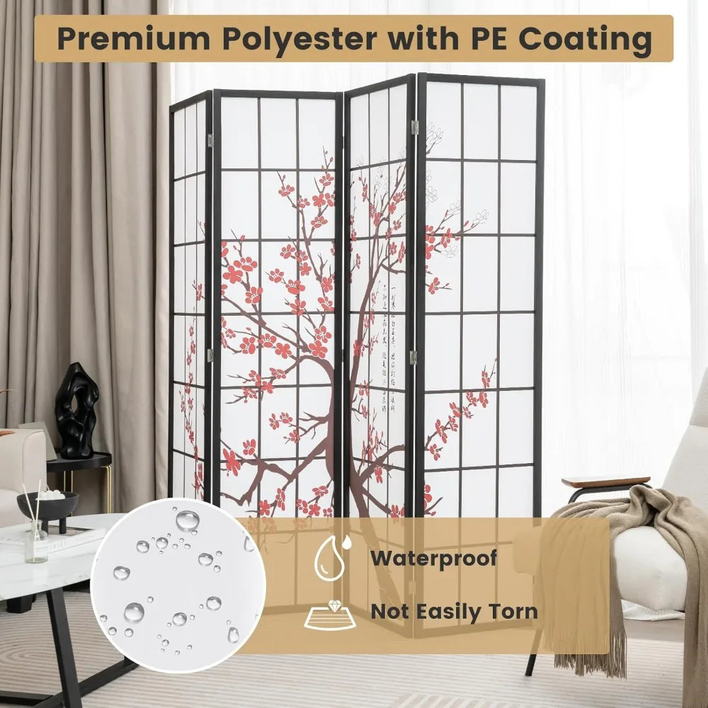 Japanese Style 4 Panel Room Divider, 6ft Folding Shoji Screen with Plum Blossom Design, Solid Wood Frame for Home Office