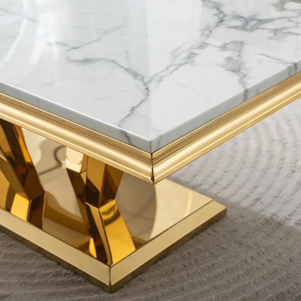 Marble Top Cocktail Table With Diamond Shaped Stainless Steel Base