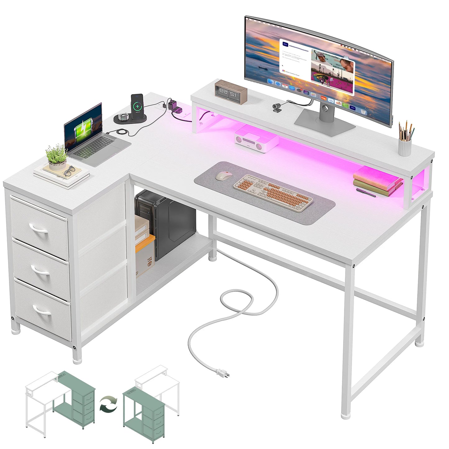 EnHomee L Shaped Gaming Desk With LED Lights USB Outlet