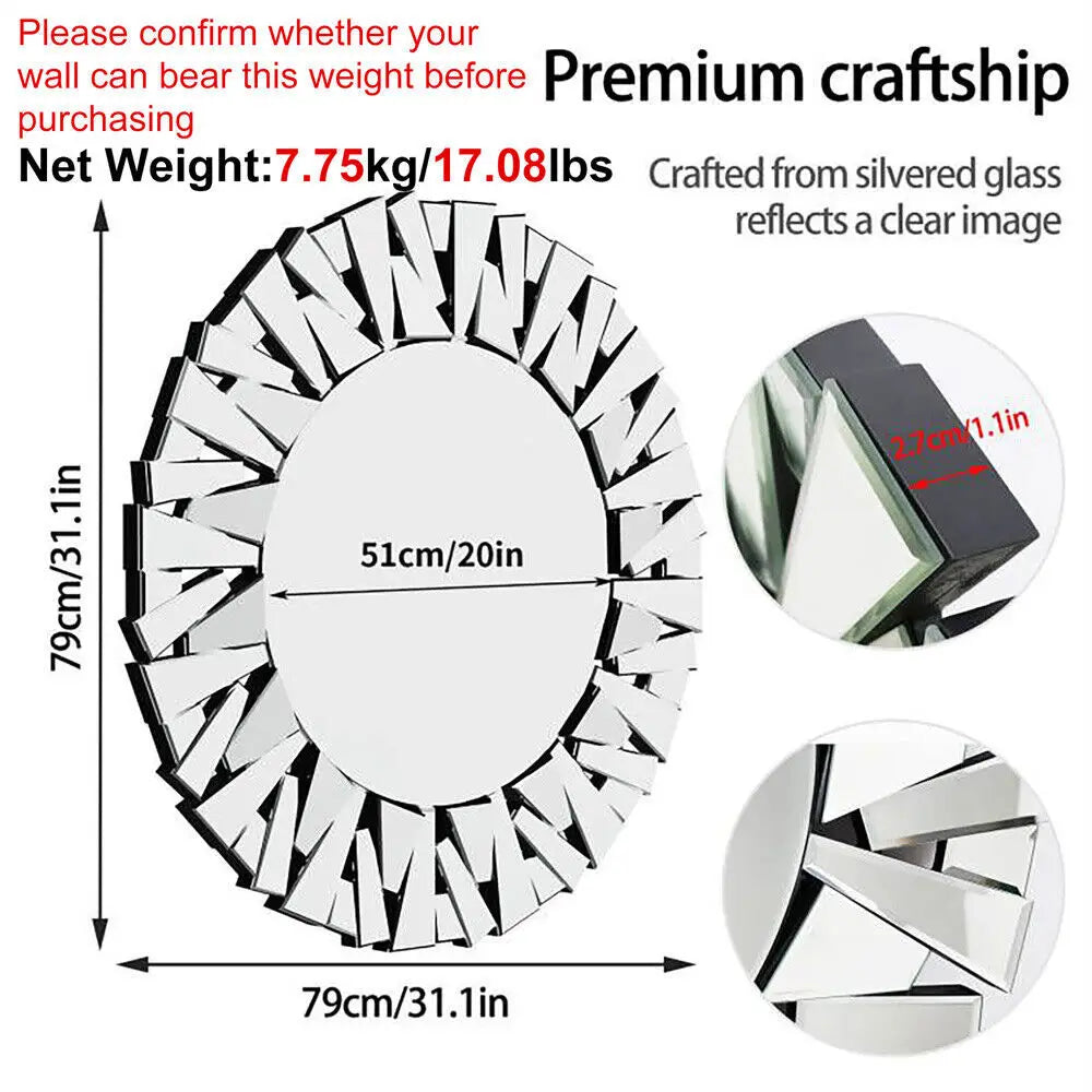 79cm Round Wall Mirror Large Accent Mirror Modern Home Art Accent Decor Mirror with Beveled Frame Bathroom Bedroom Livingroom