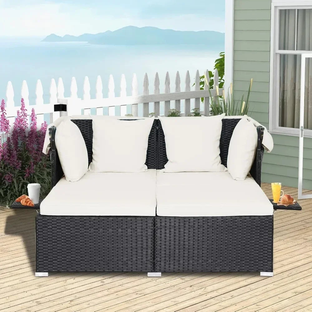 Outdoor Wicker Daybed With Retractable Canopy Cushions And Pillows
