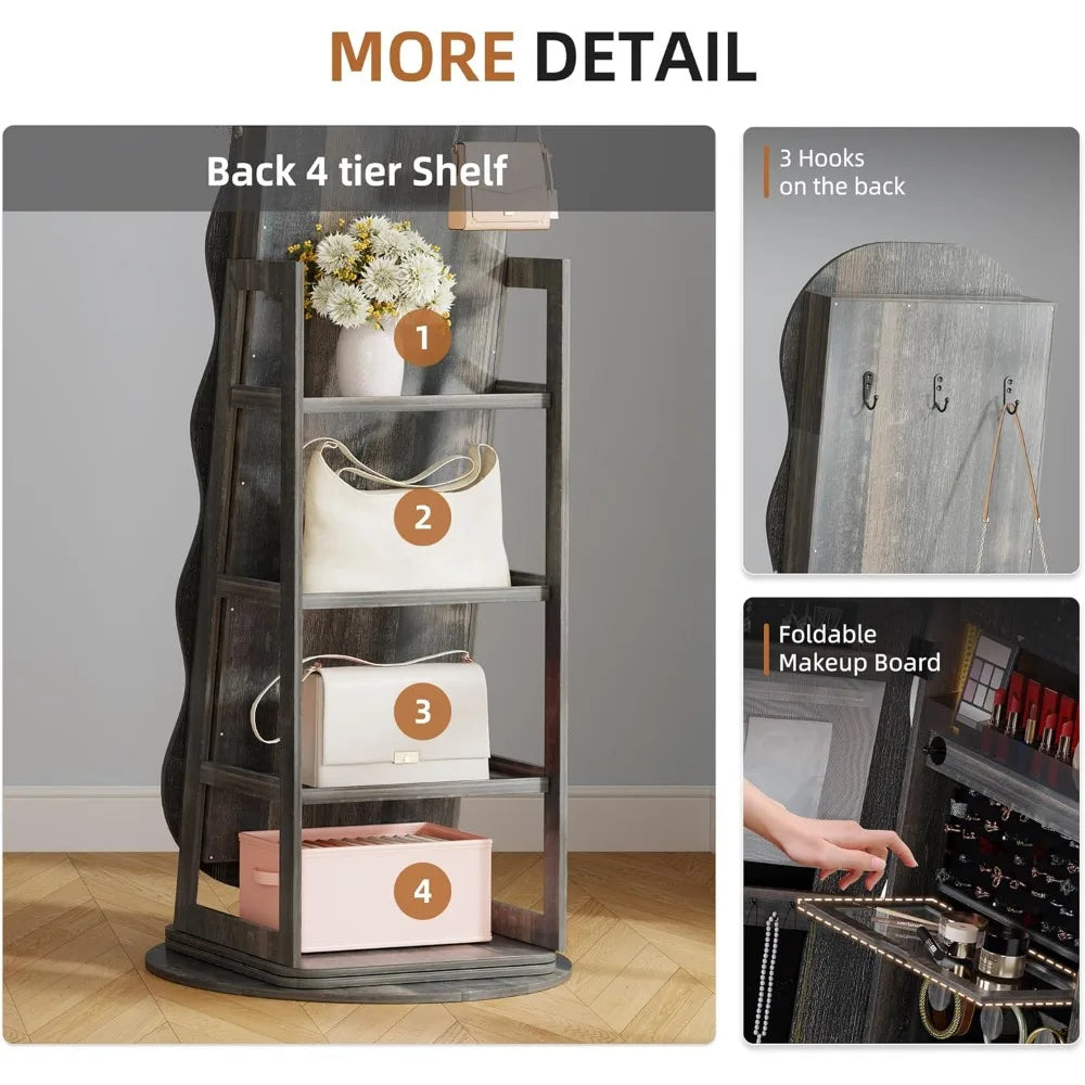 360° Rotating Jewelry Cabinet with Light, LED Jewelry Storage Box with Full-length Mirror, Lockable Wavy Mirror Jewelry Cabinet