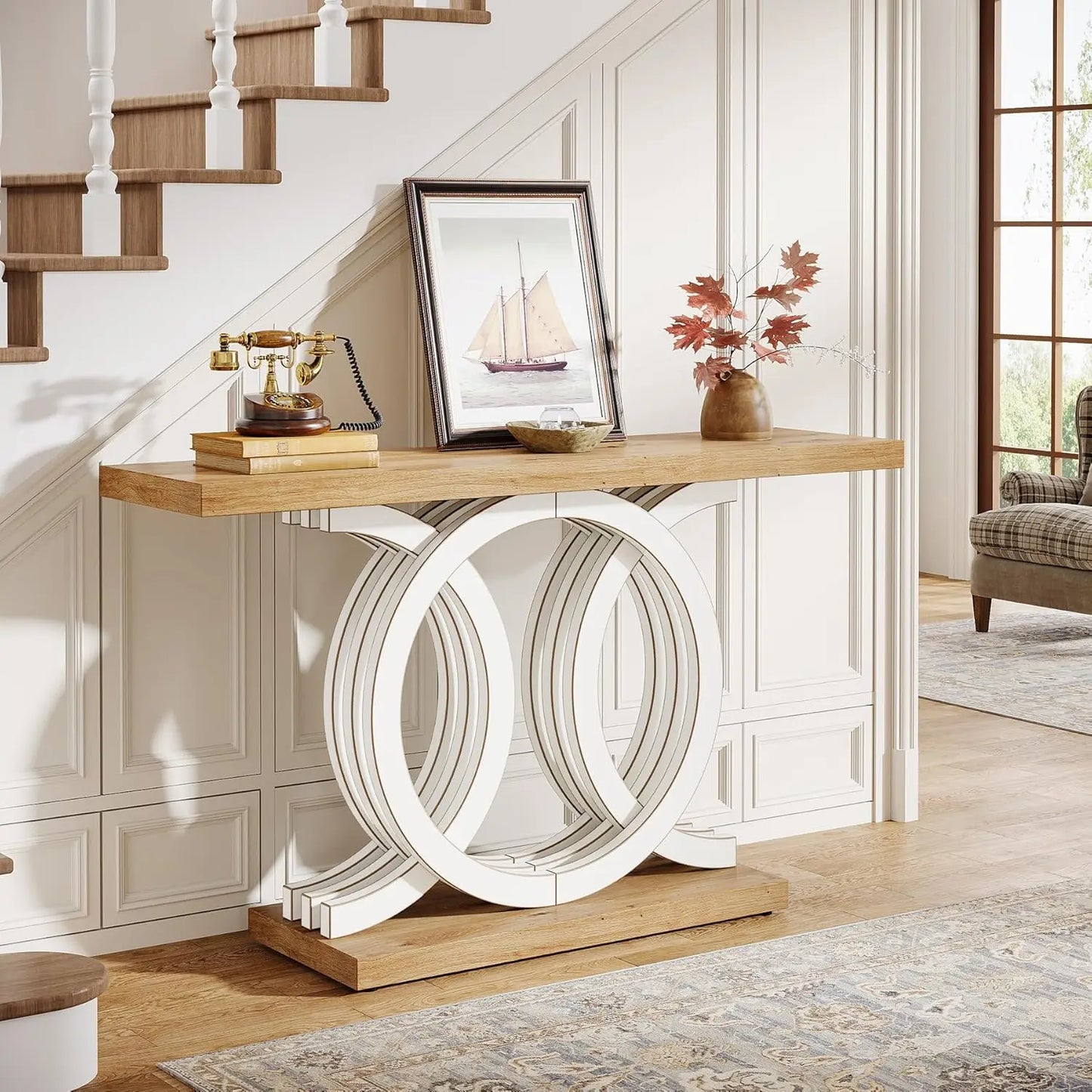 Little Tree Geometric Wood Base Console Table For Living Room