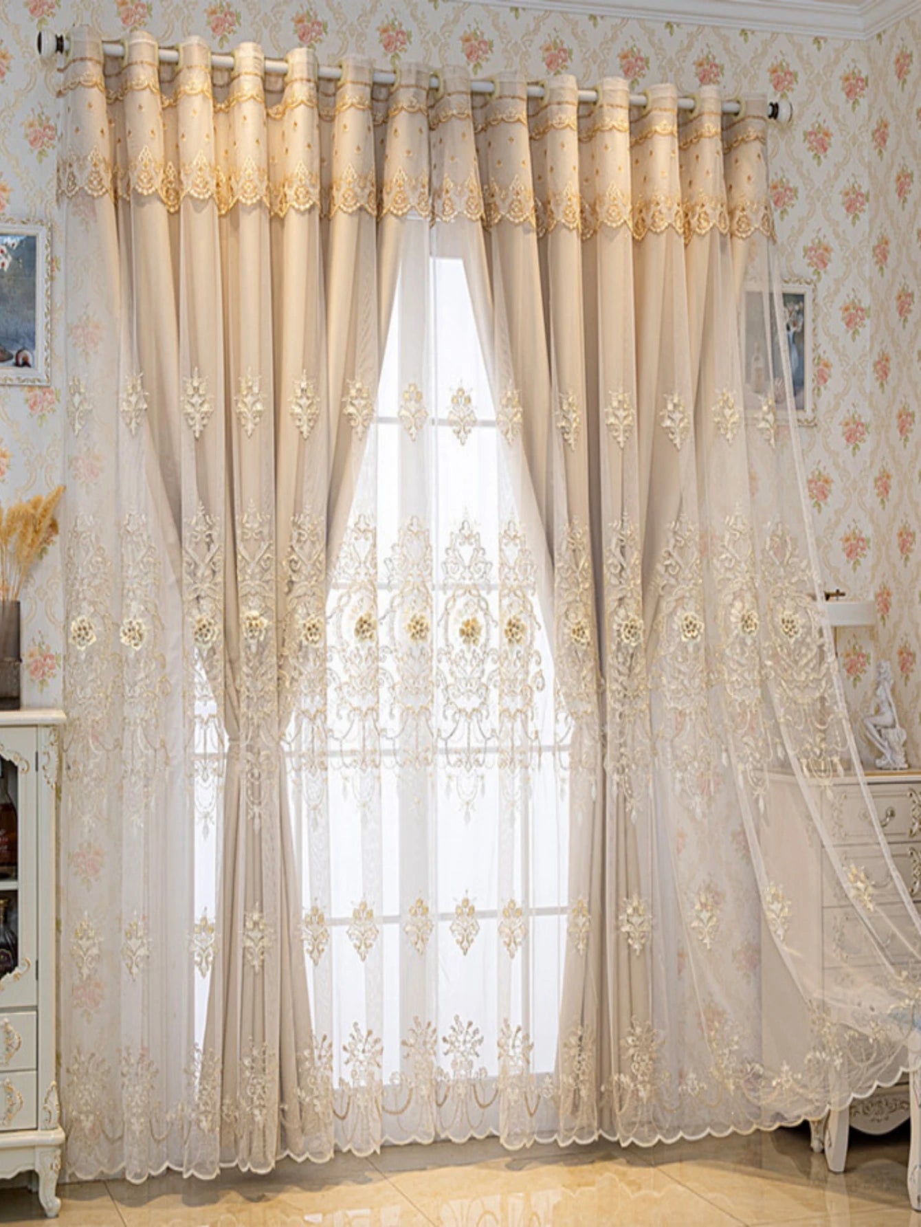 1PC beige Embroidered Blackout curtain UV protection double-layer insulationeasy hanging for living rooms bedrooms office