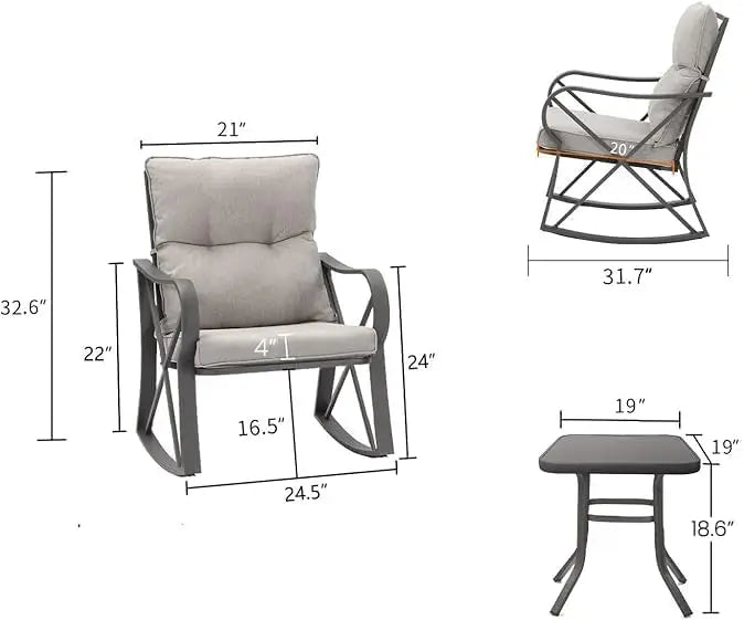Cozy 3-Piece Bistro Set with Rocking Chairs, Gray Cushions & Glass Table for Outdoor Garden, Pool, Backyard