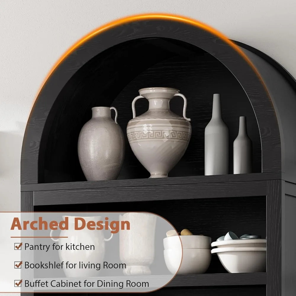Arched Bookshelf Cabinet With Doors And Shelves For Kitchen Pantry