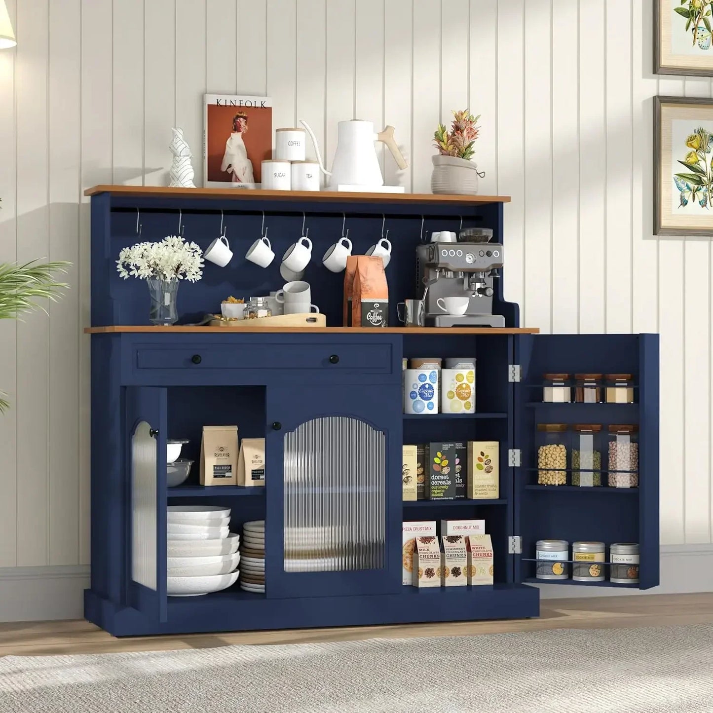 Solid Wood Coffee Bar Cabinet With Drawer And Glass Doors