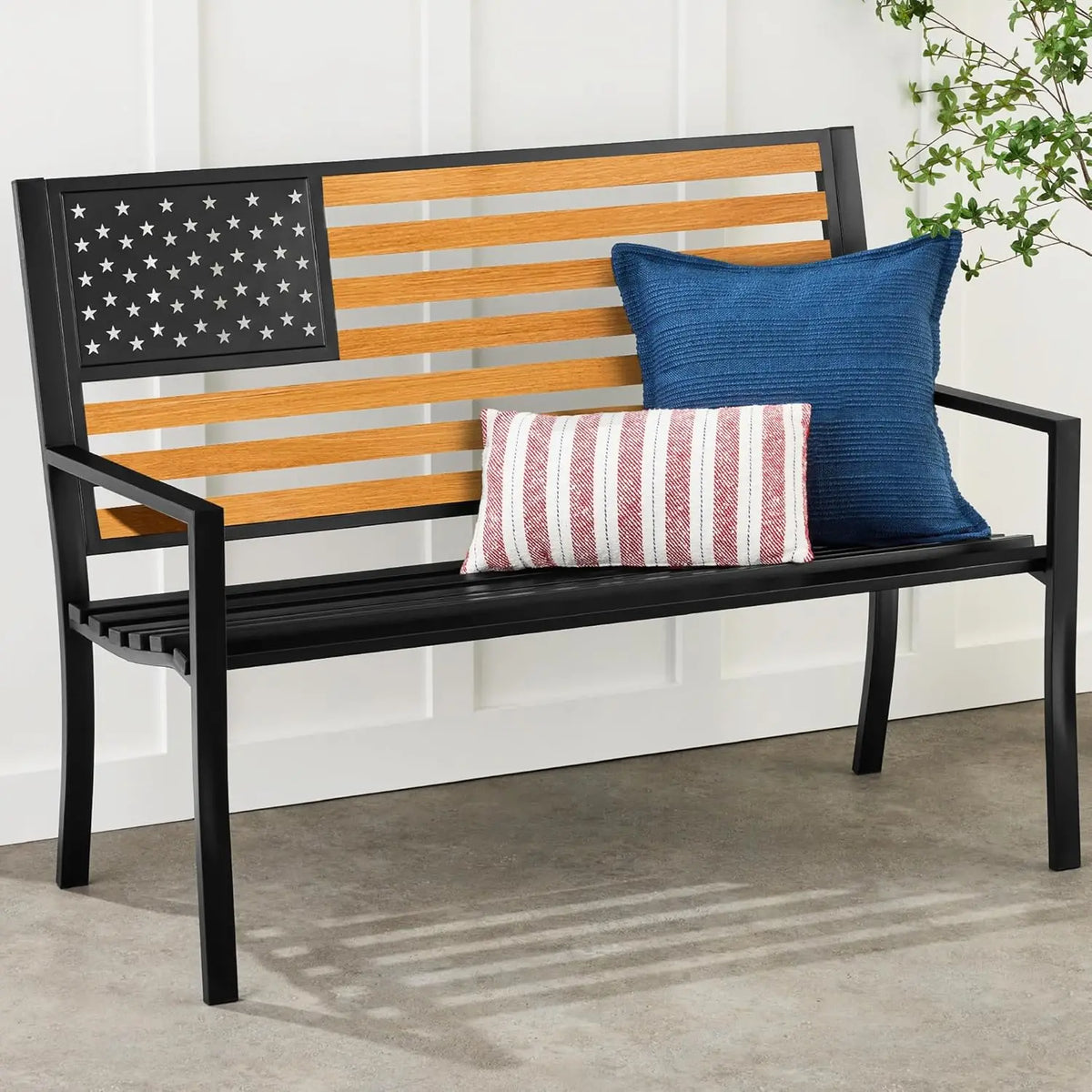 Durable Alloy Steel Outdoor Bench Featuring American Flag Design
