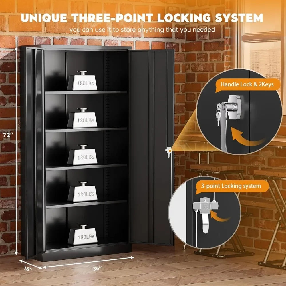 Steel Locking Garage Storage Cabinet 4 Adjustable Shelves 2 Doors