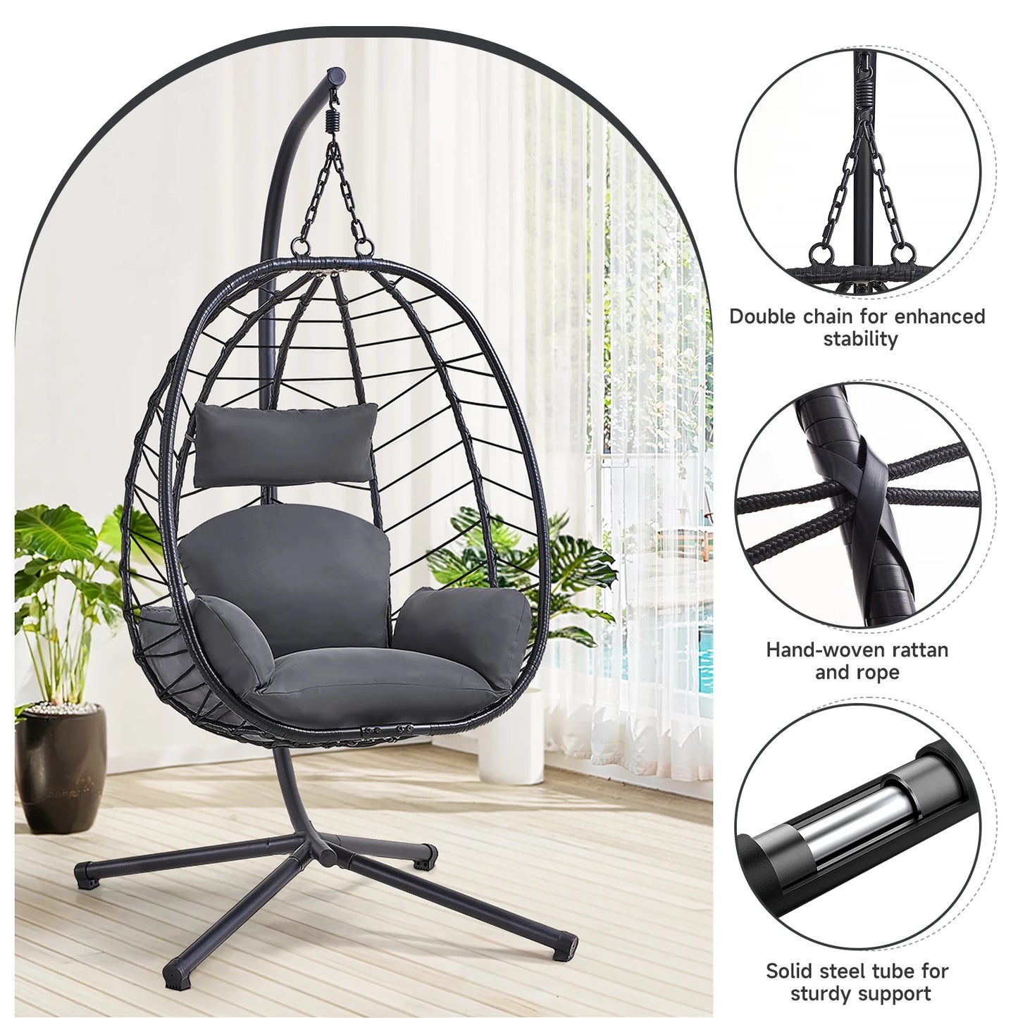 Egg Chair With Cushion Outdoor Hanging Wicker Rattan Dual Chains