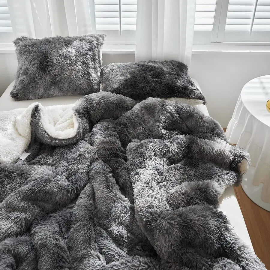 Faux Fur Shaggy Comforter Set Full Queen Size, Plush amp Sherpa Reversible Comforter Tie Dye Black, 3 Pieces Fluffy Fuzzy Beddin