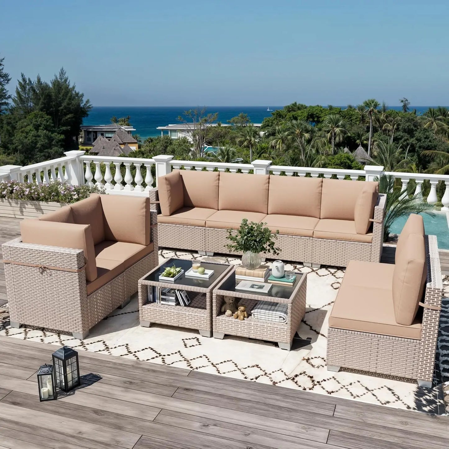 10 Pieces Patio Furniture Set, Outdoor Sectional Wicker Sofa with Thick Cushions and Storage Coffee Table, Rattan, Customized
