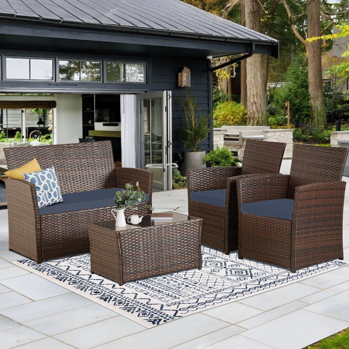 4 Piece Patio Furniture Set, Outdoor Wicker Conversation Sets, Rattan Sectional Sofa Couch with Coffee Table & Seat Cushions for