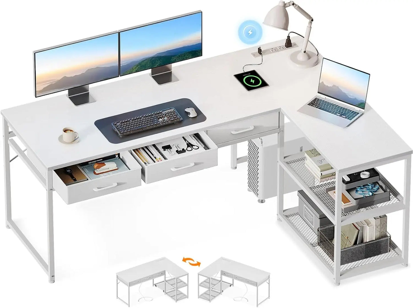 L Shaped Computer Desk With Drawers And Power Outlets