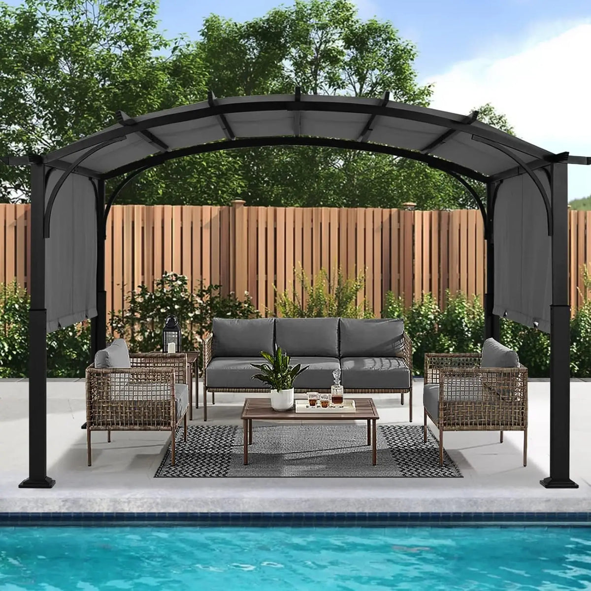 Arched Metal Pergola Gazebo With Retractable Canopy For Patio