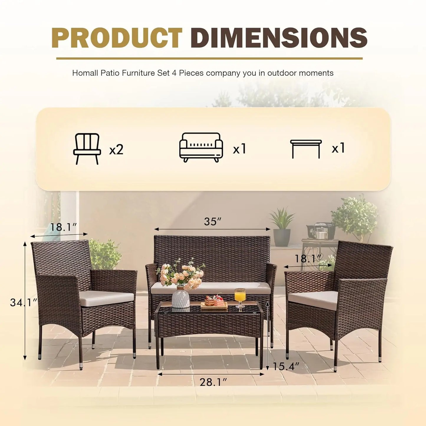 4 Pieces Outdoor Patio Furniture Sets Rattan Chair Wicker Set,Outdoor Indoor Use Backyard Porch Garden Poolside, Customized
