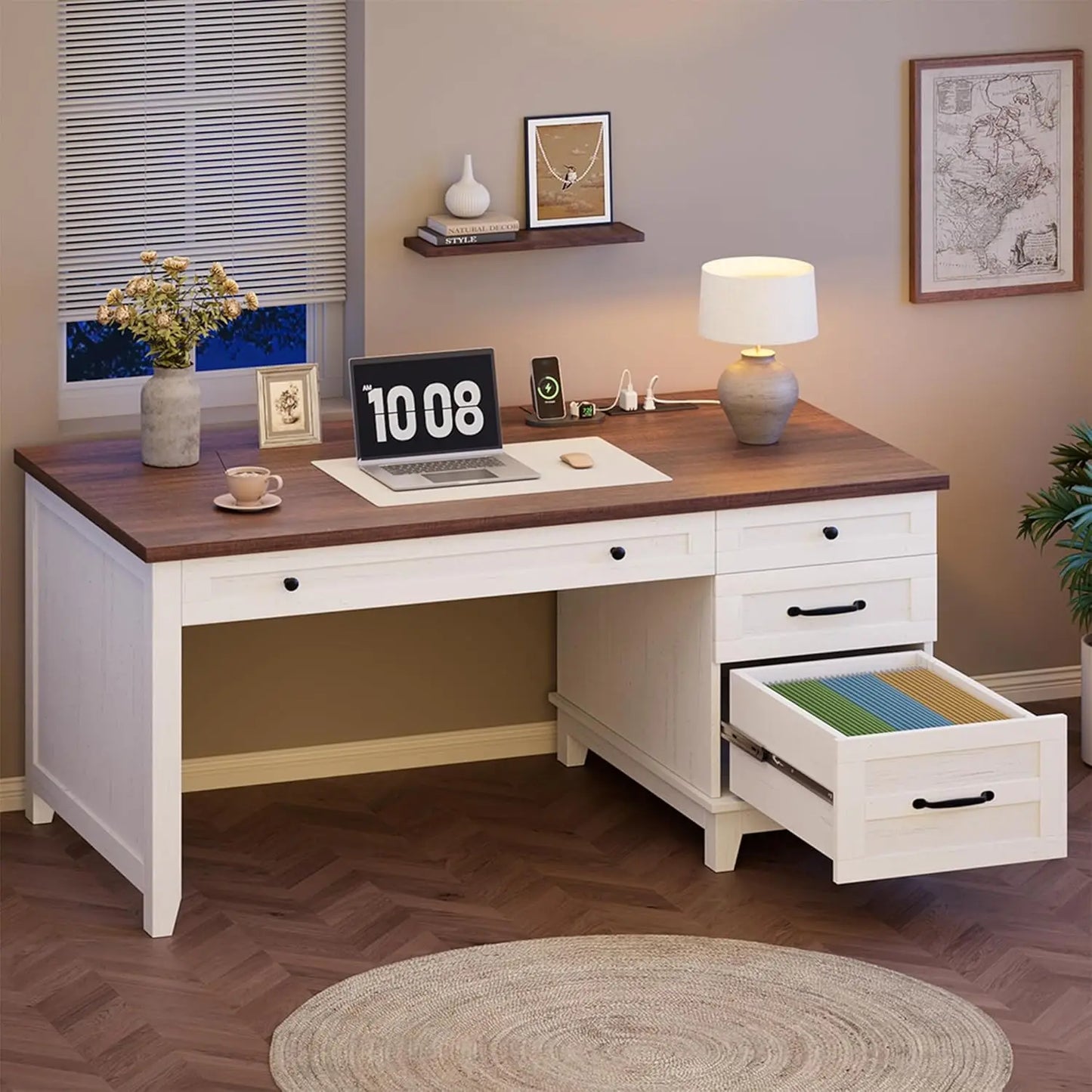 Farmhouse Executive L Shaped Desk With Drawers And Charging Station