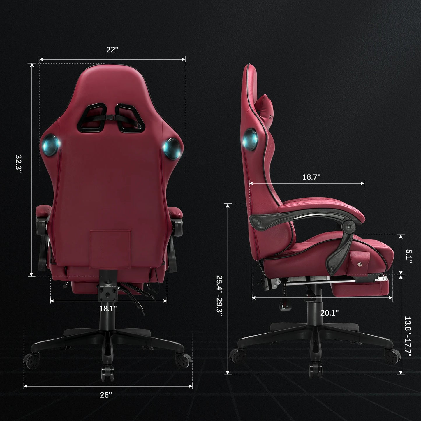 GTPLAYER Ergonomic Gaming Chair Faux Leather With Built In Speakers And Memory Foam Lumbar