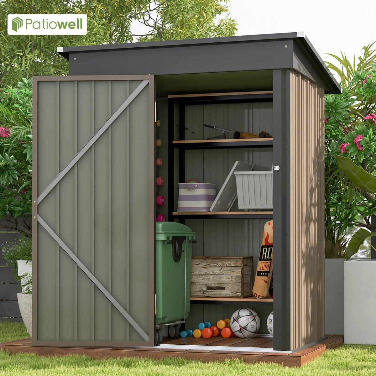 Victone Outdoor Metal Storage Shed With Lockable Sloping Roof