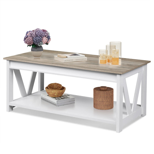 GALAXHER V Shaped Farmhouse Coffee Table With Storage Shelf