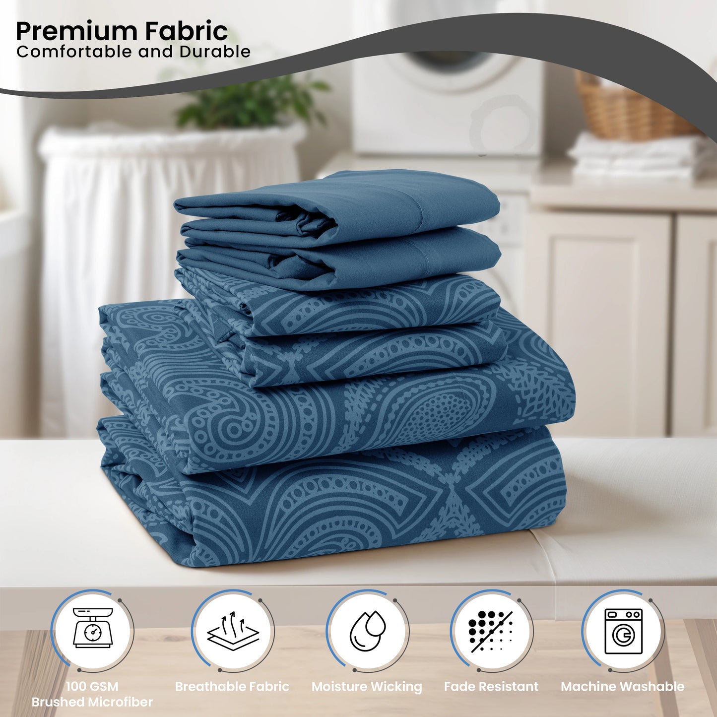 LUX Décor Paisley Sheet Set – 6 Piece Ultra-Soft Microfiber Bed Sheets with Flat Sheet, 16 Inches Deep Pocket Fitted Sheet