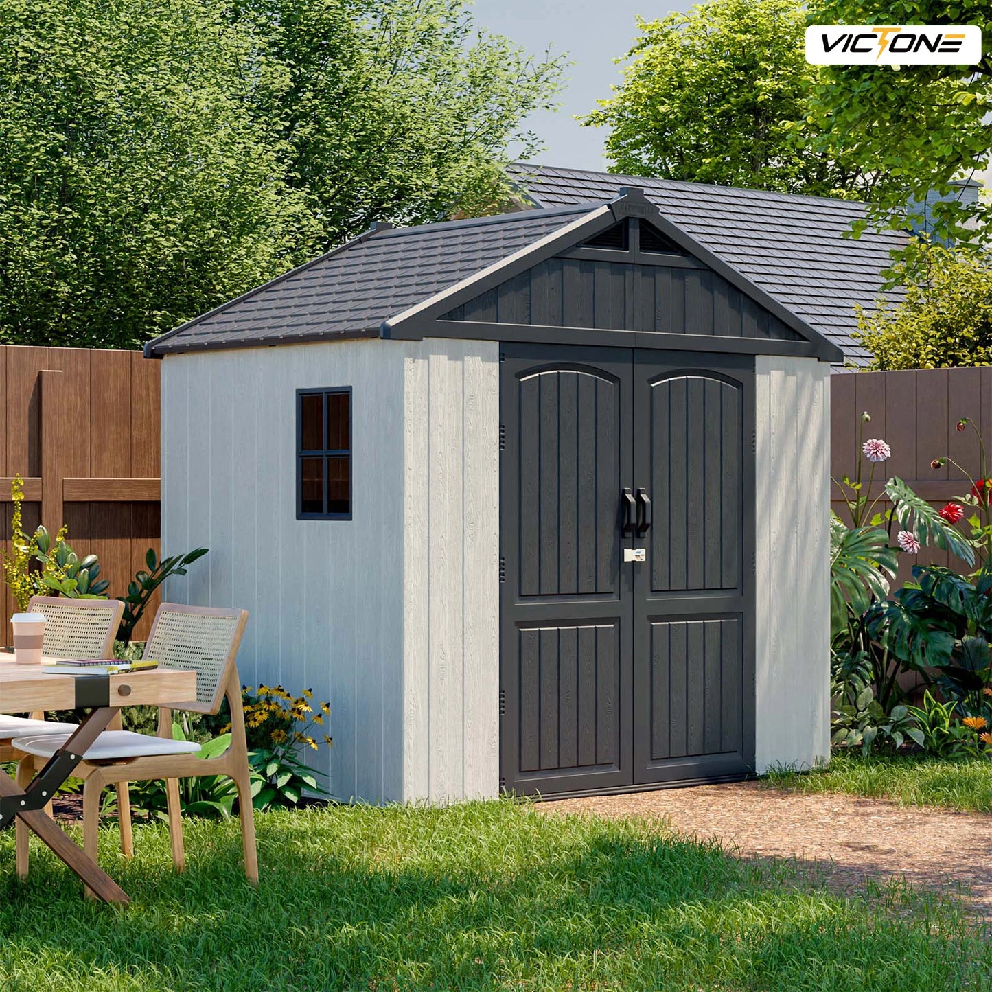 Victone Plastic Outdoor Storage Shed With Floor, Window, Lockable Door