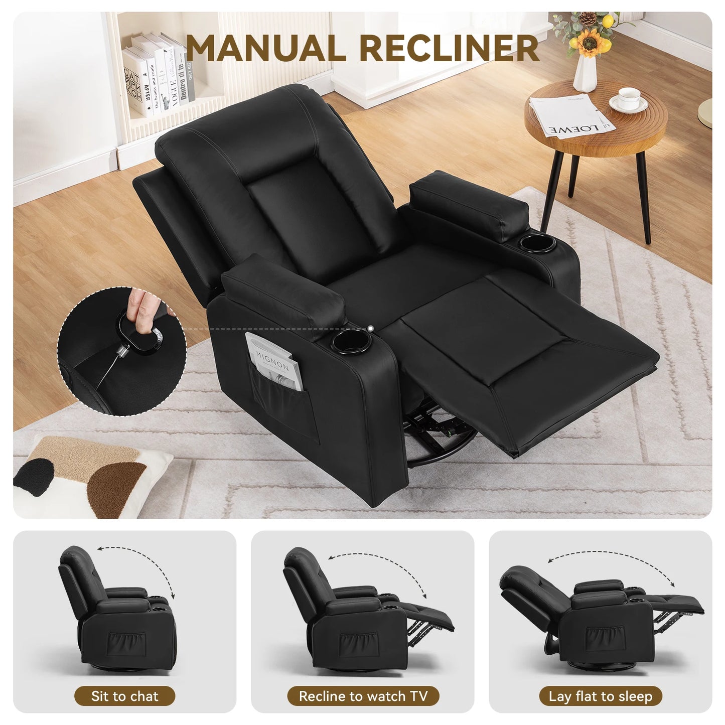 COMHOMA Recliner Chair With Swivel Rocker Cup Holders And Pockets For Living Room