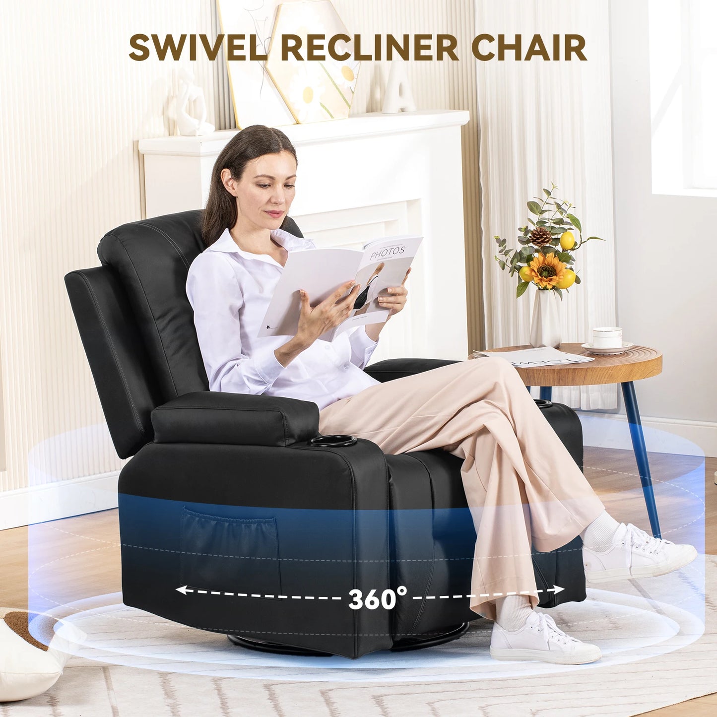 COMHOMA Recliner Chair With Swivel Rocker Cup Holders And Pockets For Living Room