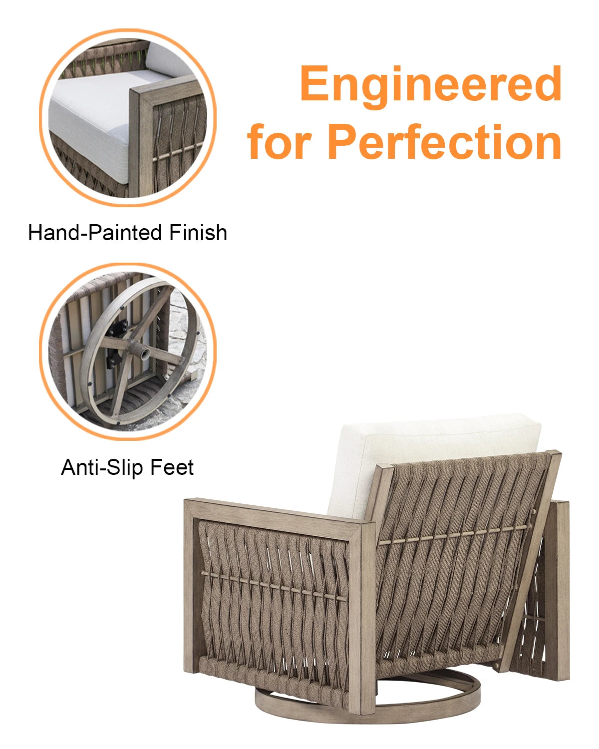 SeeHill Swivel Patio Chair, Aluminum Outdoor Armchair with Cushions, Rope Weave Deep Seating Furniture, Gray Oak Finish