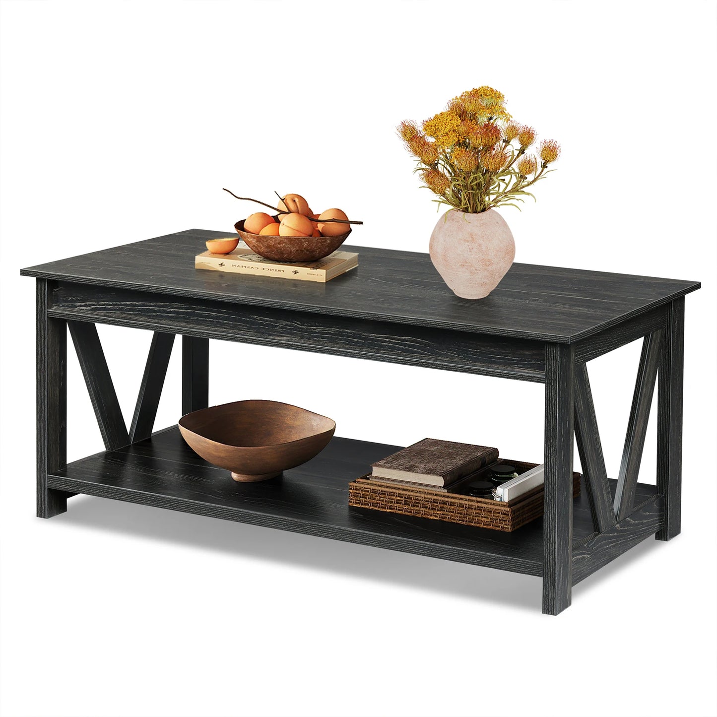 GALAXHER V Shaped Farmhouse Coffee Table With Storage Shelf