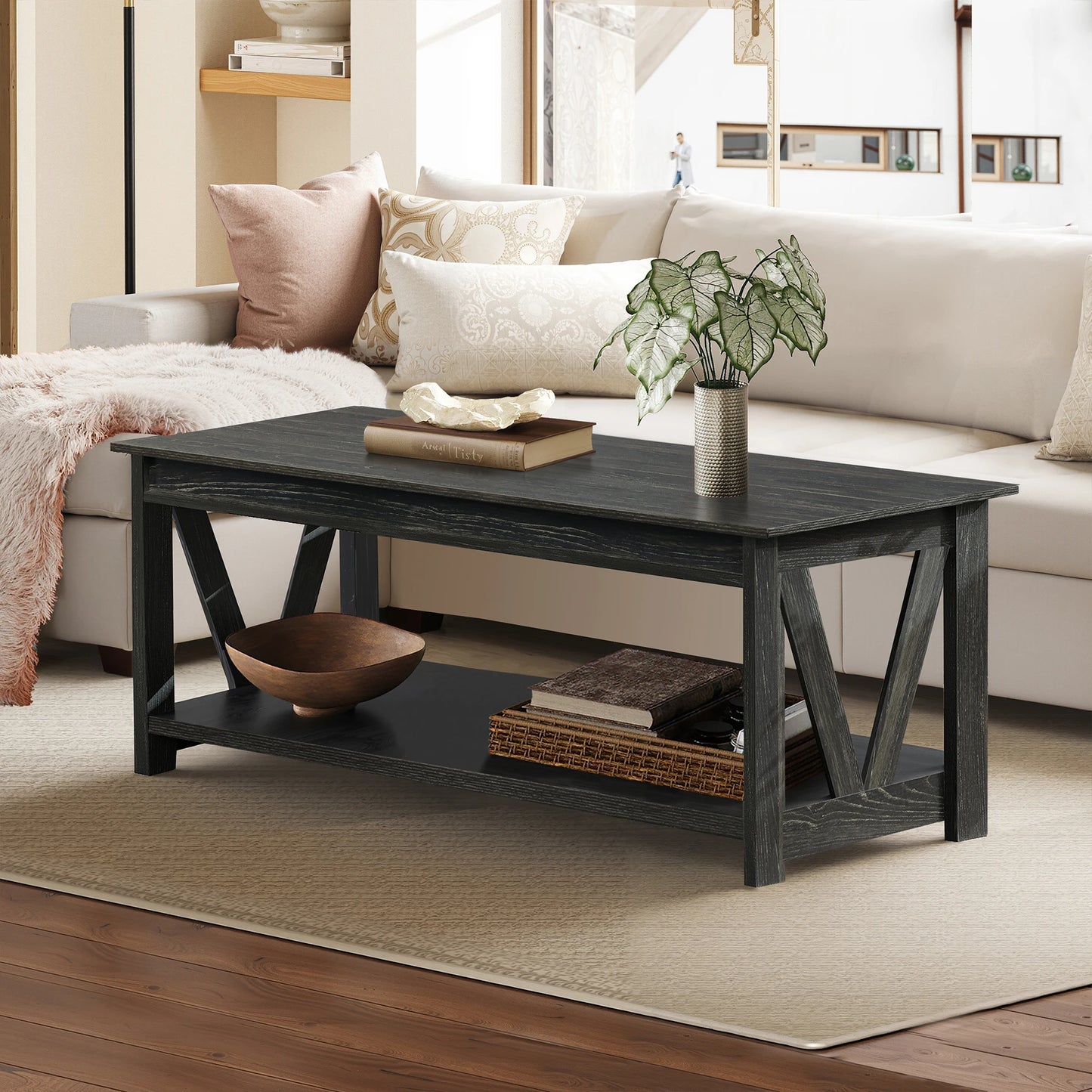GALAXHER V Shaped Farmhouse Coffee Table With Storage Shelf