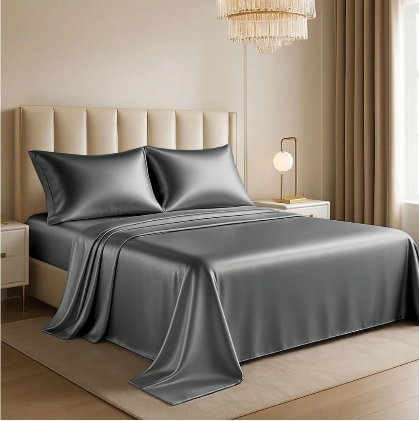 Lux Decor Collection 4-Piece Satin Sheet Set, Polyester Silky Soft & Breathable Deep Pocket Fitted Sheet