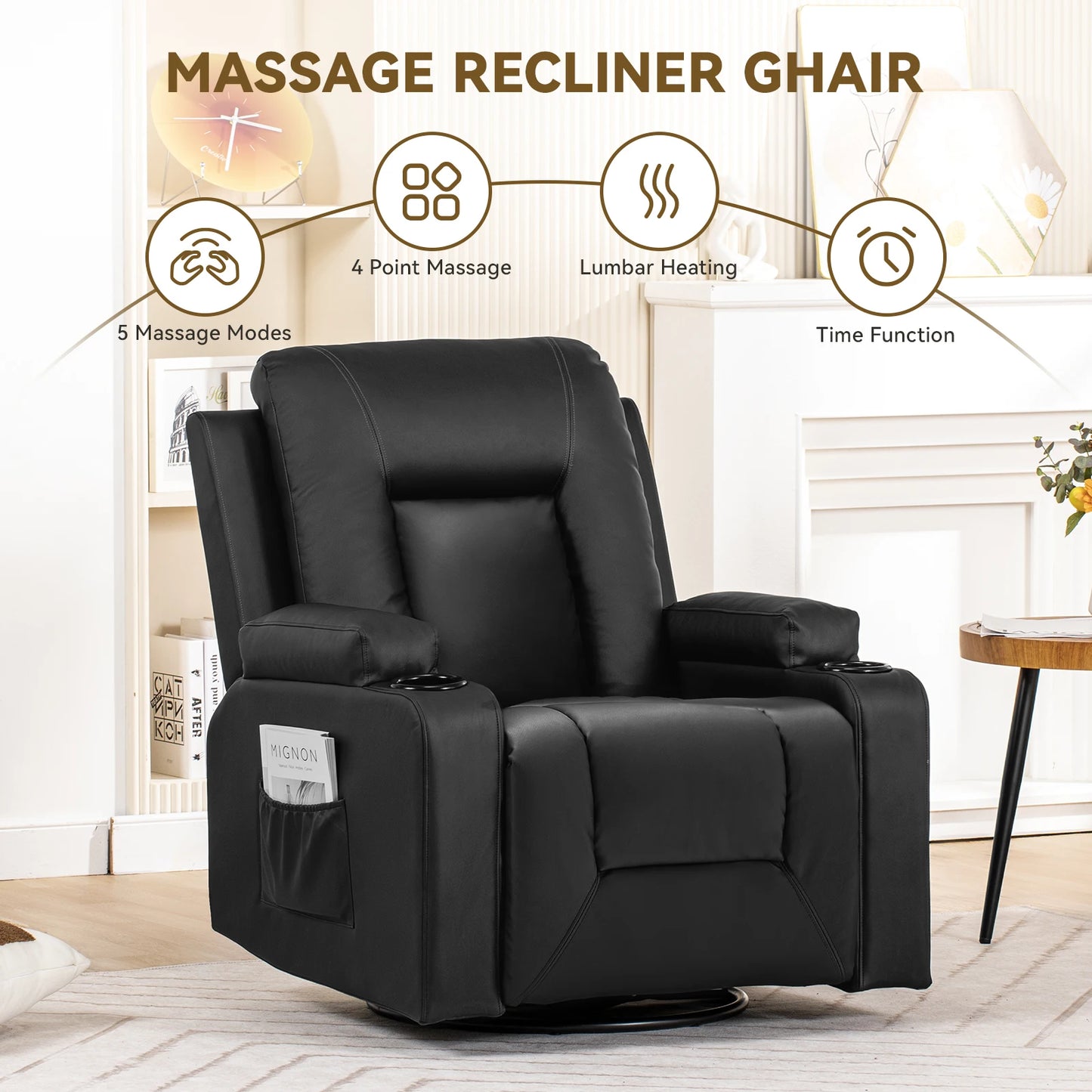 COMHOMA Recliner Chair With Swivel Rocker Cup Holders And Pockets For Living Room