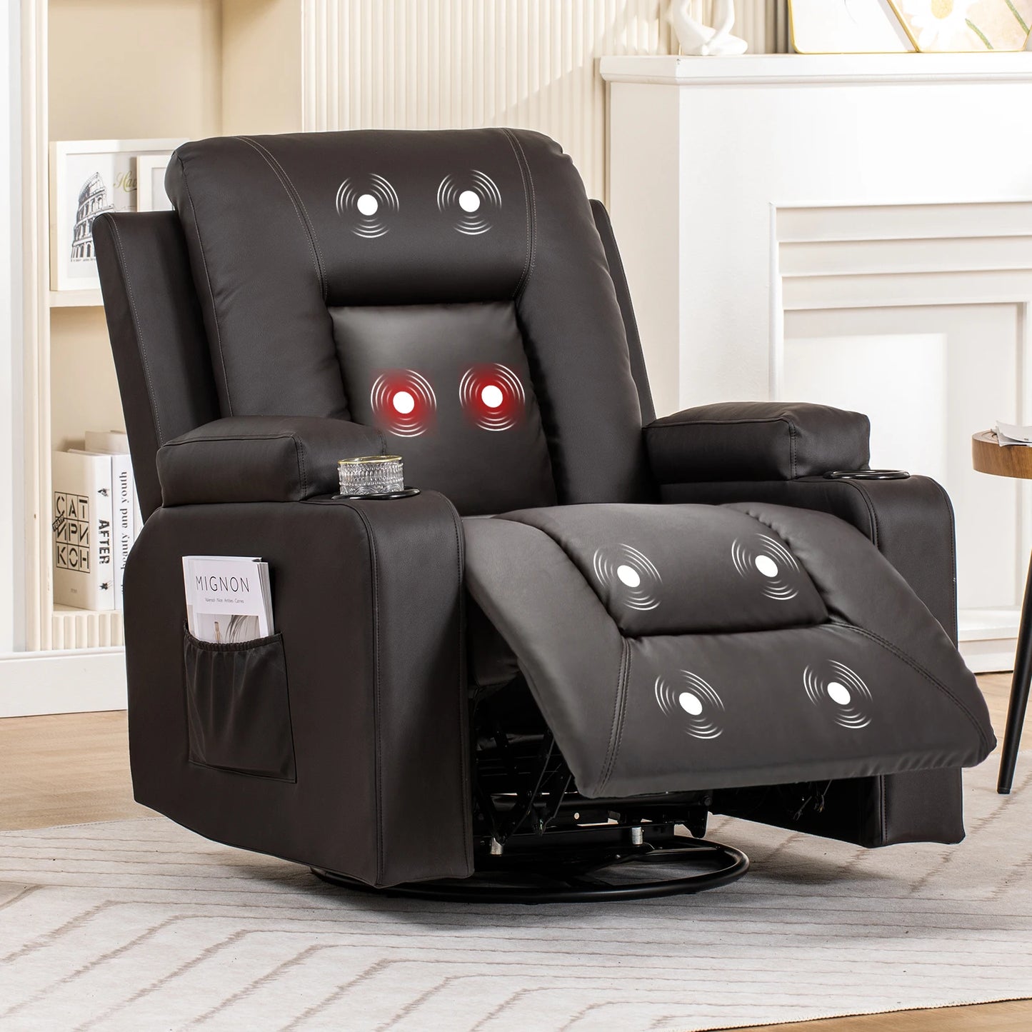 COMHOMA Recliner Chair With Swivel Rocker Cup Holders And Pockets For Living Room