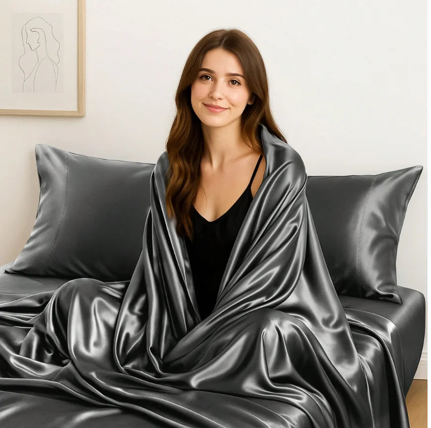 Lux Decor Collection 4-Piece Satin Sheet Set, Polyester Silky Soft & Breathable Deep Pocket Fitted Sheet