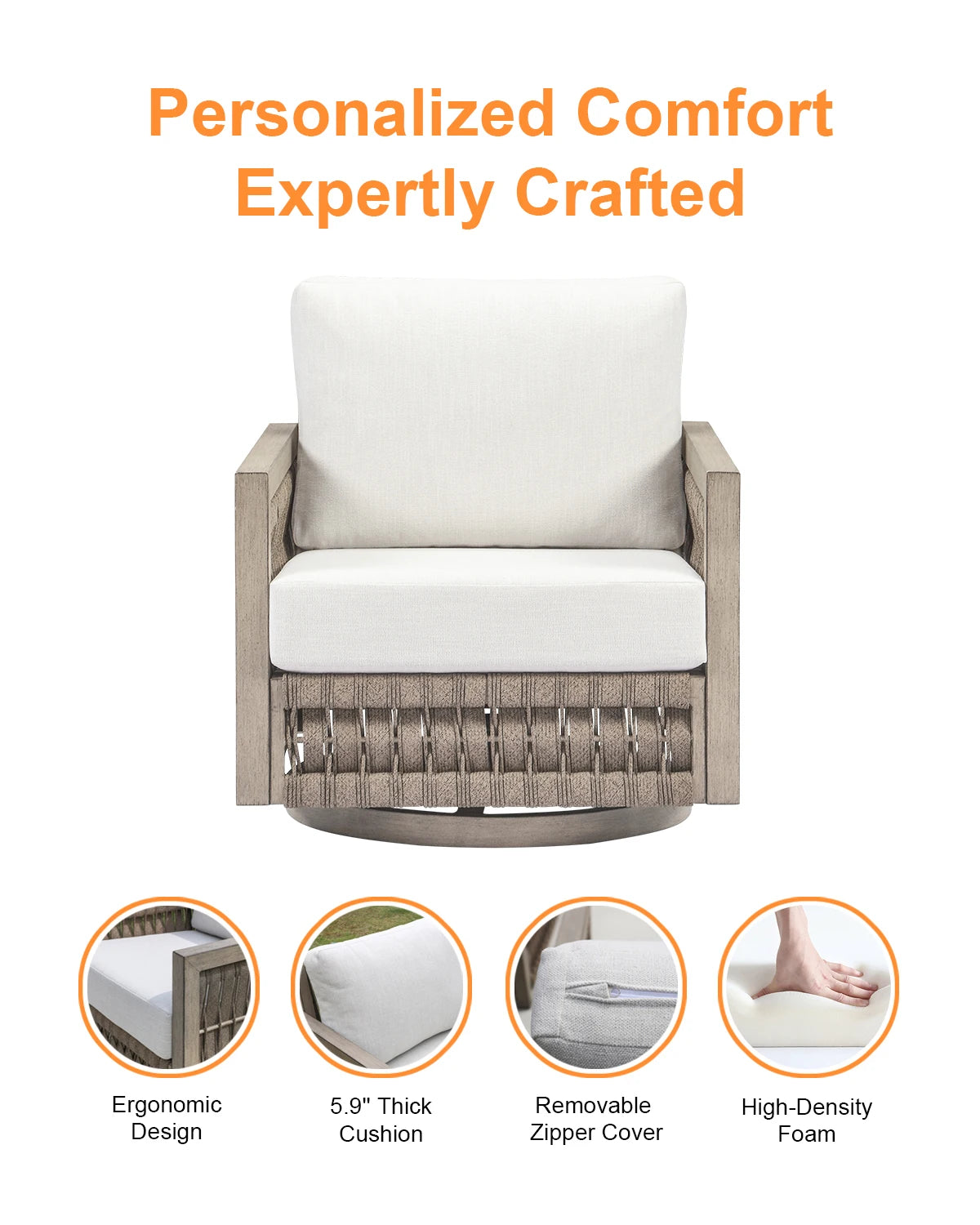 SeeHill Swivel Patio Chair, Aluminum Outdoor Armchair with Cushions, Rope Weave Deep Seating Furniture, Gray Oak Finish