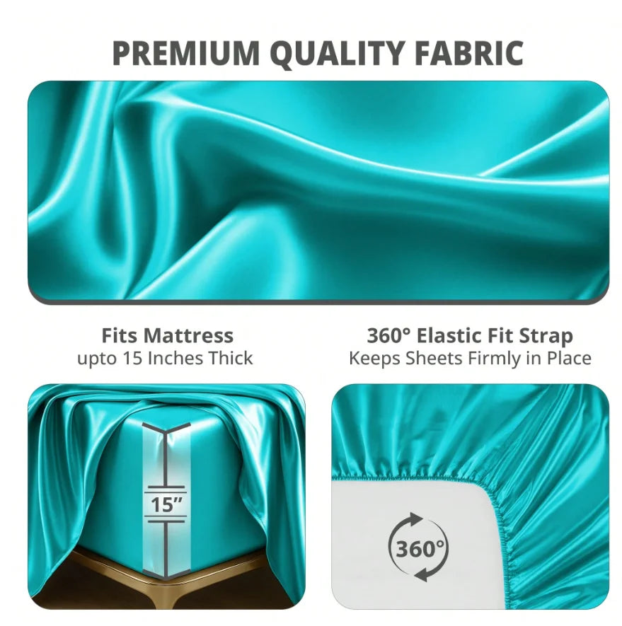 Lux Decor Collection 4-Piece Satin Sheet Set, Polyester Silky Soft & Breathable Deep Pocket Fitted Sheet